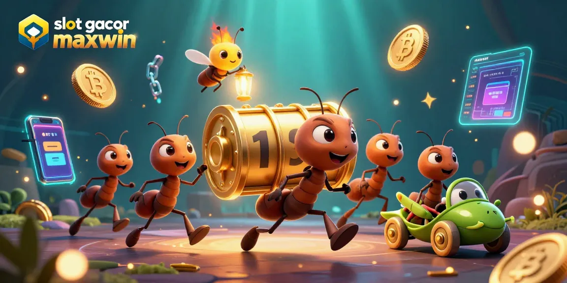 Menangkan slot gacor maxwin dengan tim semut beraksi, dikelilingi koin kripto dan elemen permainan slot.