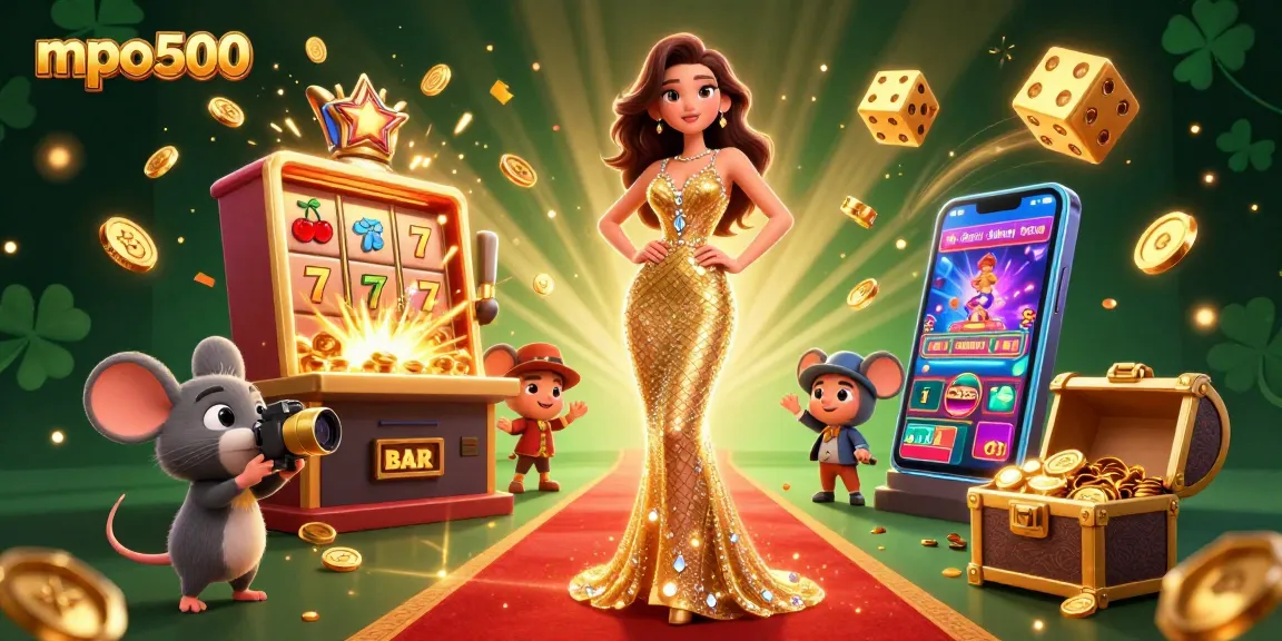 Experience the excitement of mpo500 with a glamorous 3D illustration showcasing stunning characters amidst flashy casino elements.