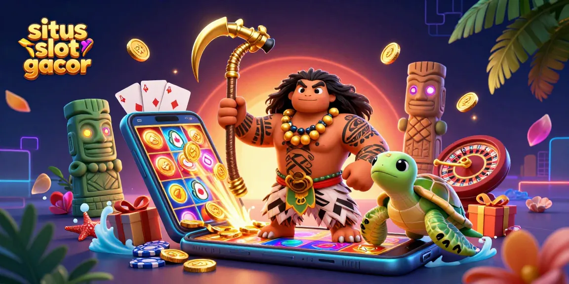 Mainkan situs slot gacor dengan ilustrasi dewa Maui dan kura-kura, menampilkan slot dan chip poker.