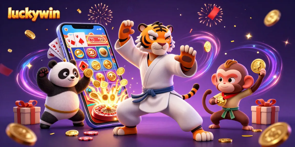 Experience the excitement of luckywin through a vibrant 3D casino scene with engaging game elements.