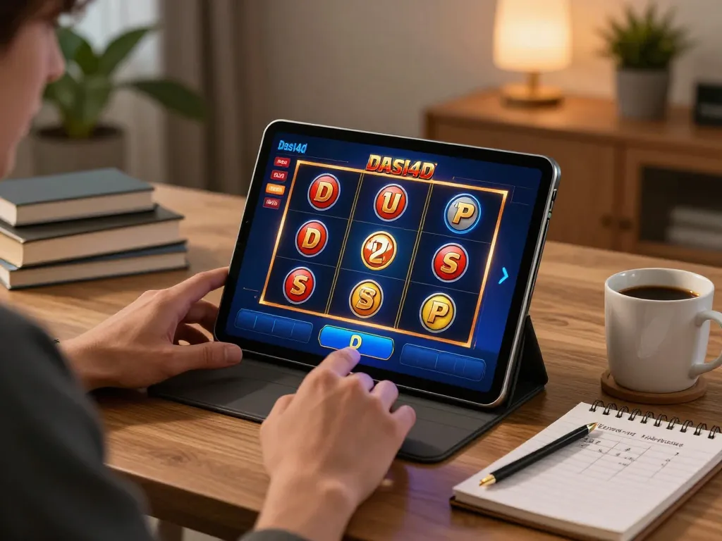 Memainkan slot dasi4d di tablet di lingkungan rumah yang nyaman dengan catatan strategi terlihat.