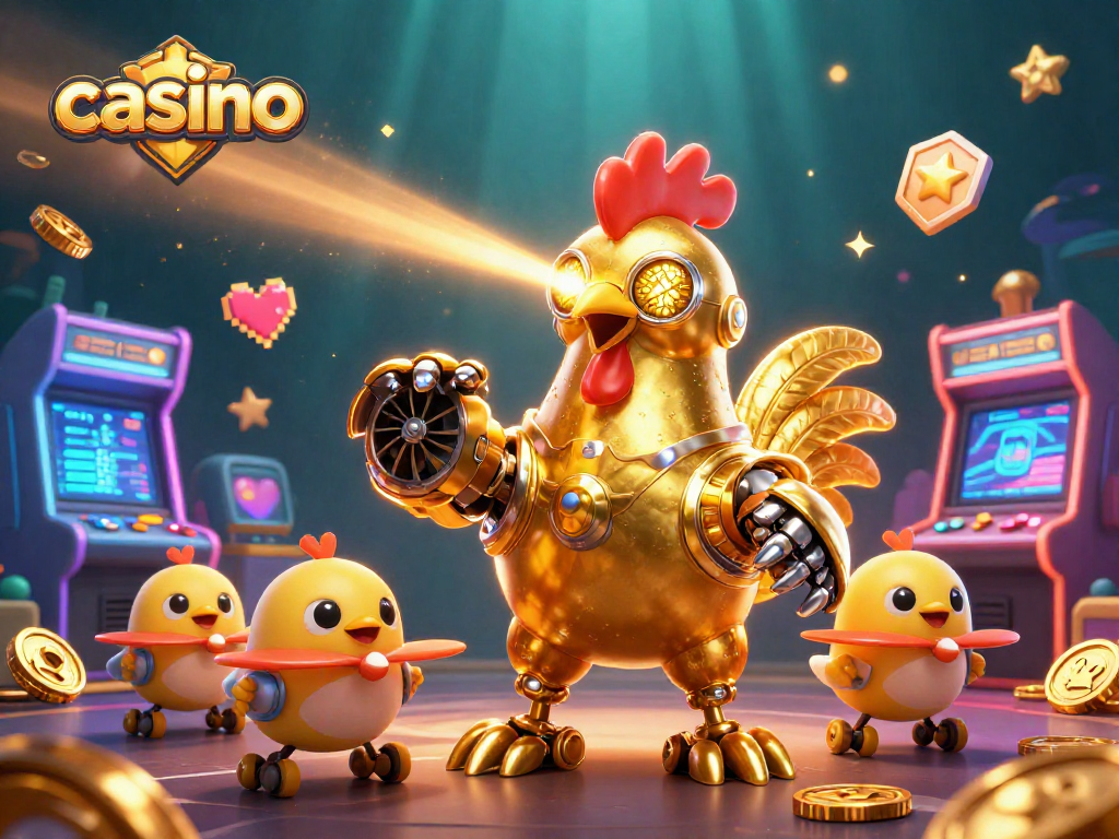 Engage in vibrant casino gaming atmosphere with golden rooster robot and baby chick drones!