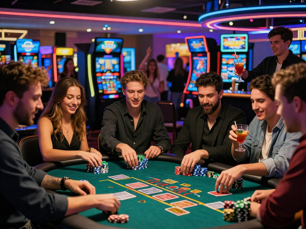Exciting group playing at credit card casinos at digital-lancashire.org.uk with vibrant neon lights and lively atmosphere.