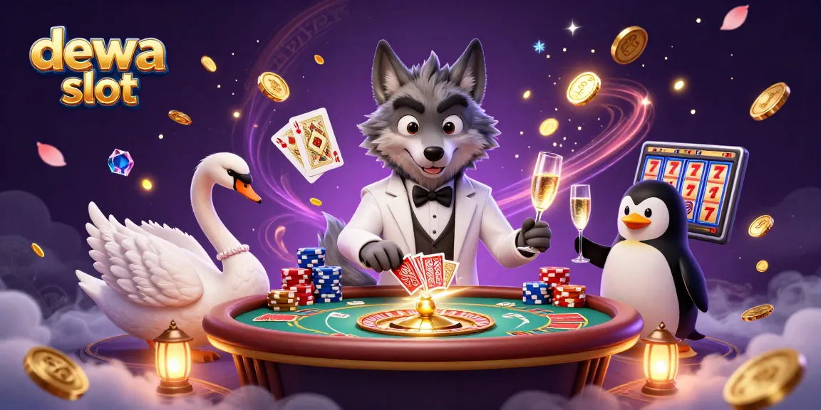 Engage with dewa slot gameplay amidst a vibrant casino scene featuring unique characters and festive elements.