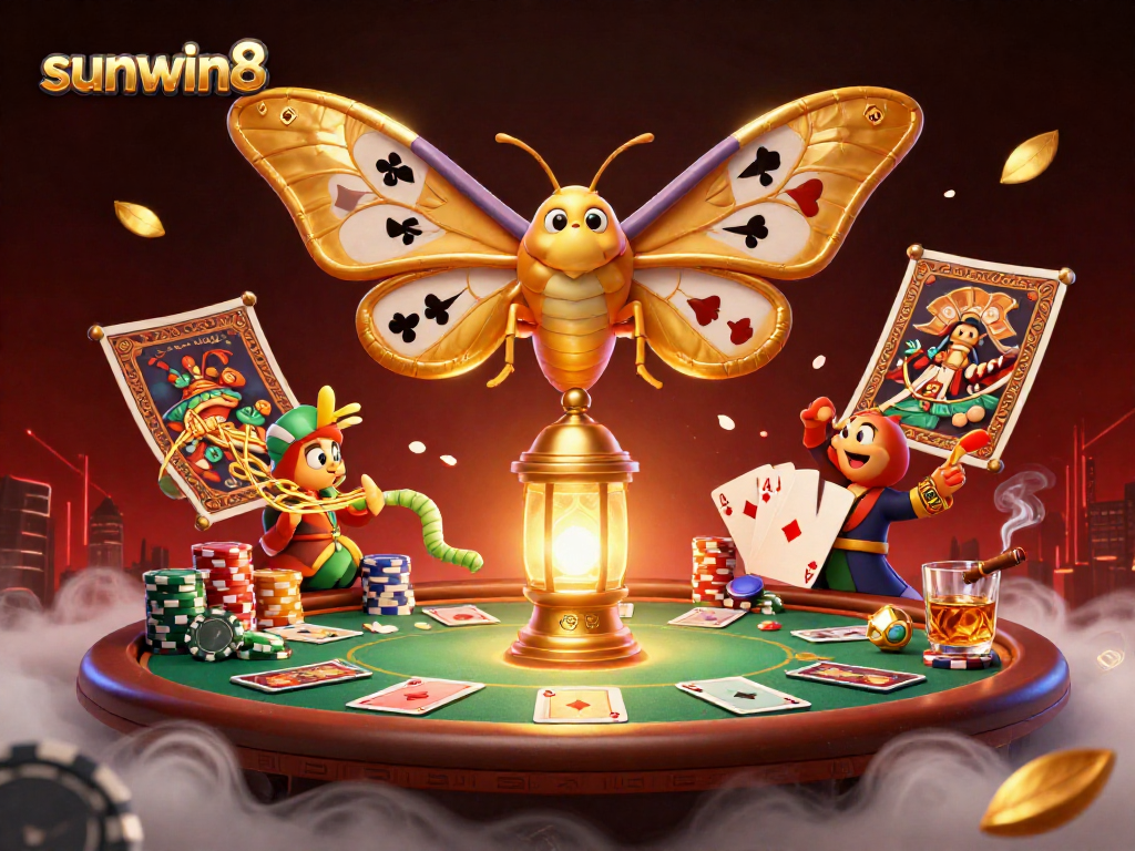 Experience thrilling games at sunwin8, featuring vibrant casino art with moths and poker elements.