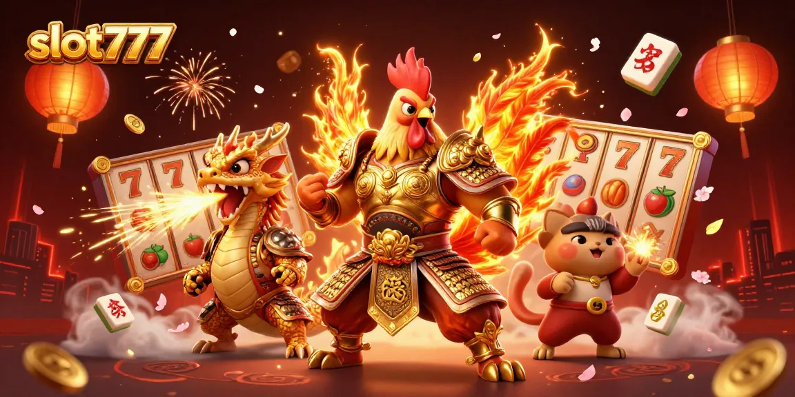 Spin the slot777 reels with a powerful rooster warrior, dragon hatchling, and lucky fortune cat cheering.