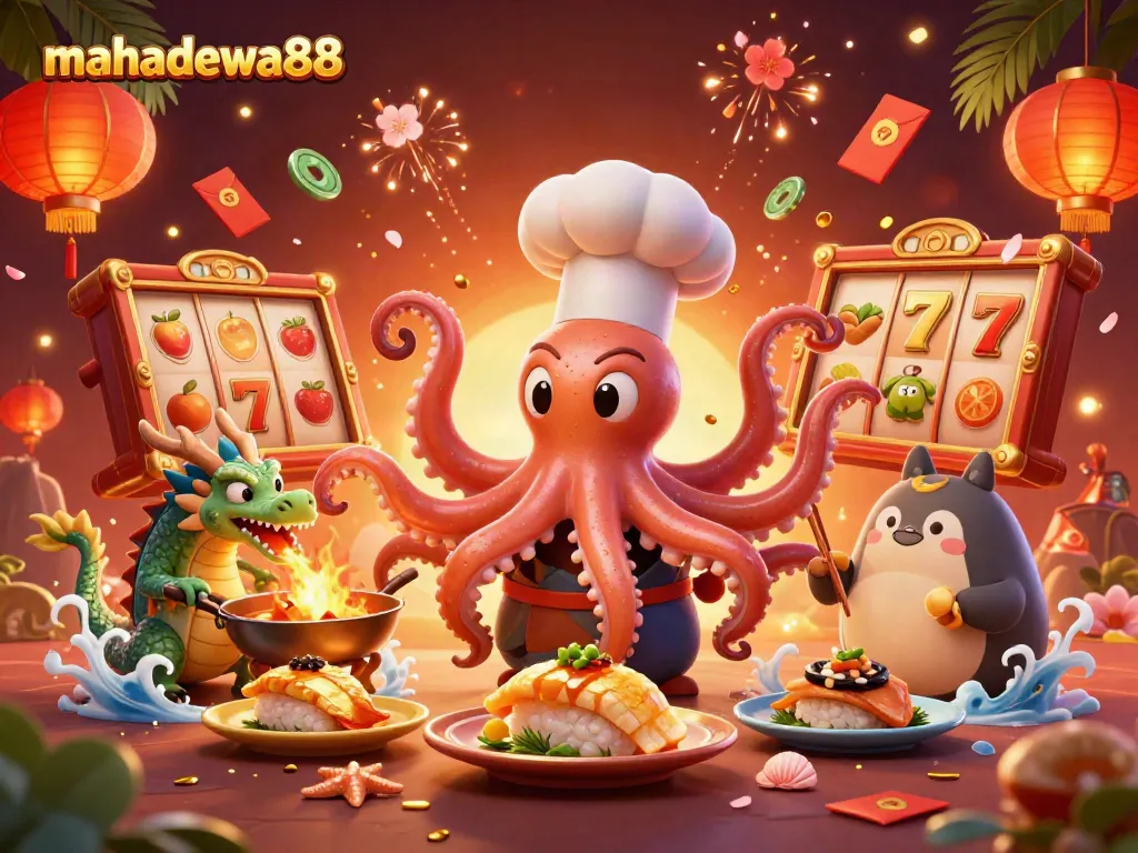 Experience the excitement of mahadewa88 in a vibrant 3D illustrated scene with slot reels and dynamic characters.
