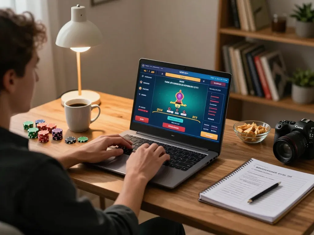 Person playing blackjack online with z16-themed interface on laptop in cozy gaming setup