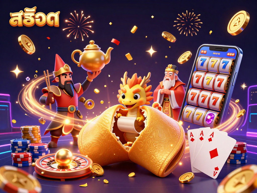 Experience excitement with สล็อต in a vibrant, dynamic casino-themed 3D illustration showcasing fortune cookies, dragons, and jackpots.