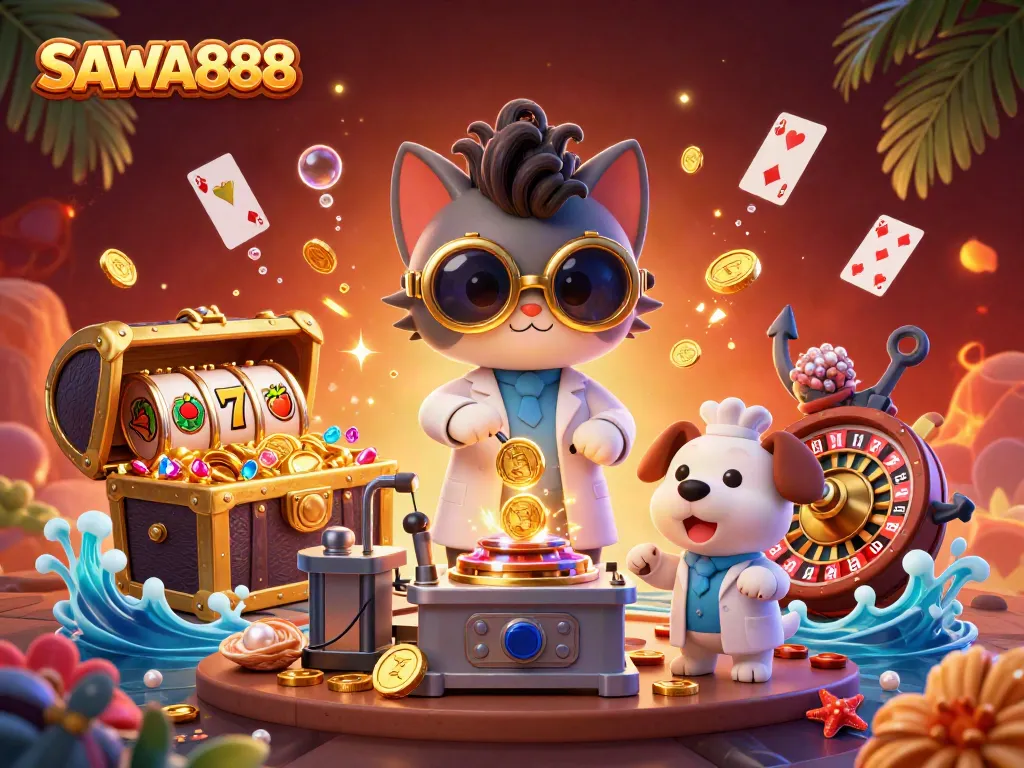 Engage with SAWA888 as the mad scientist cat creates gold coins in a captivating casino scene.