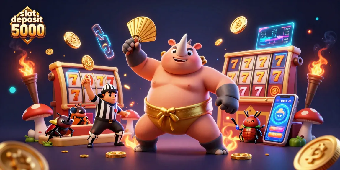 Slot deposit 5000 menampilkan juara sumo dan penonton dalam suasana kasino ramai bersama simbol slot yang berkilauan.