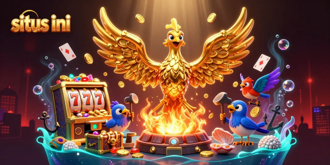 Engage with situs ini illustrating a phoenix of gold with vibrant gems, enriched by slot elements, shimmering in an enchanting casino design.