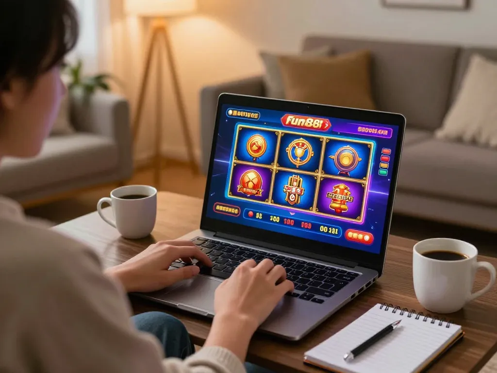Engaging online casino gameplay on Fun88 com with vibrant slot machines and personal strategy notes