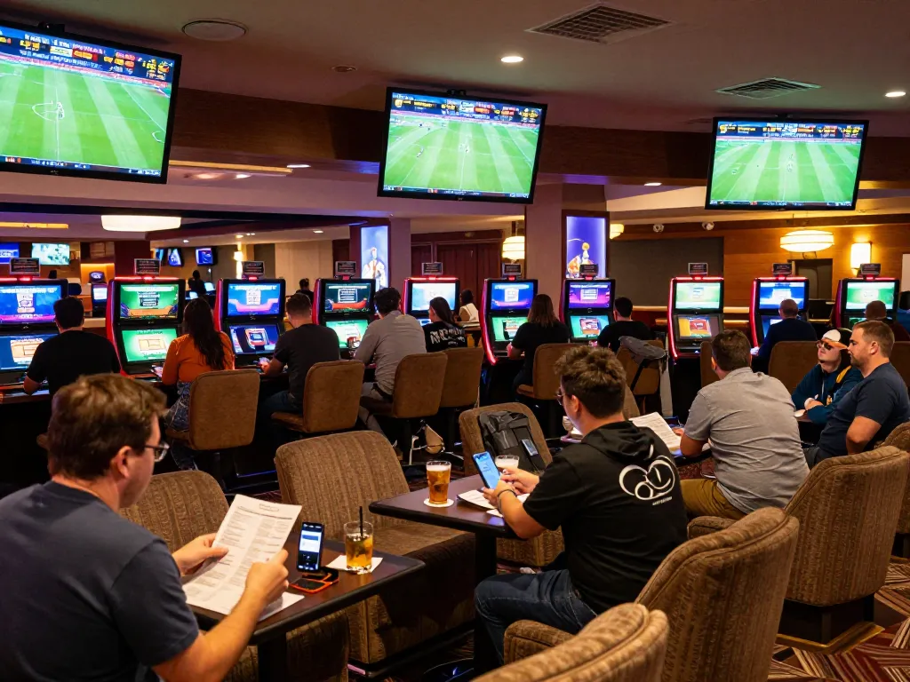 Engaged bettors reviewing kèo nhà cái trực tiếp at an upscale sportsbook with live soccer match screens.