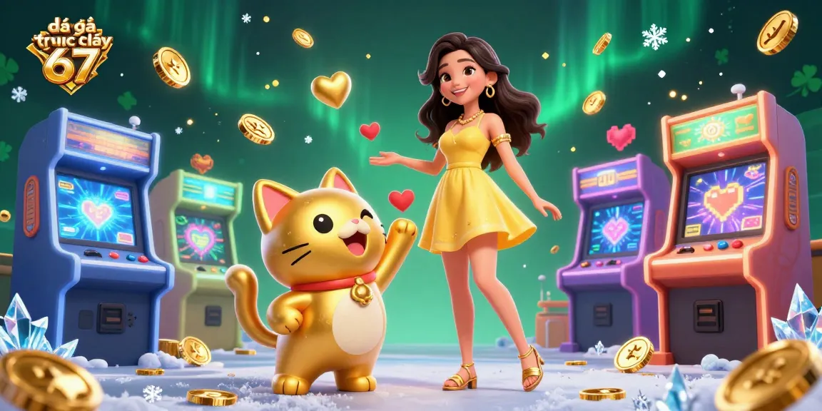 Engage in đá gà trực tiếp 67 with exciting visuals of a cheerful Asian woman and lucky cat among colorful game machines.