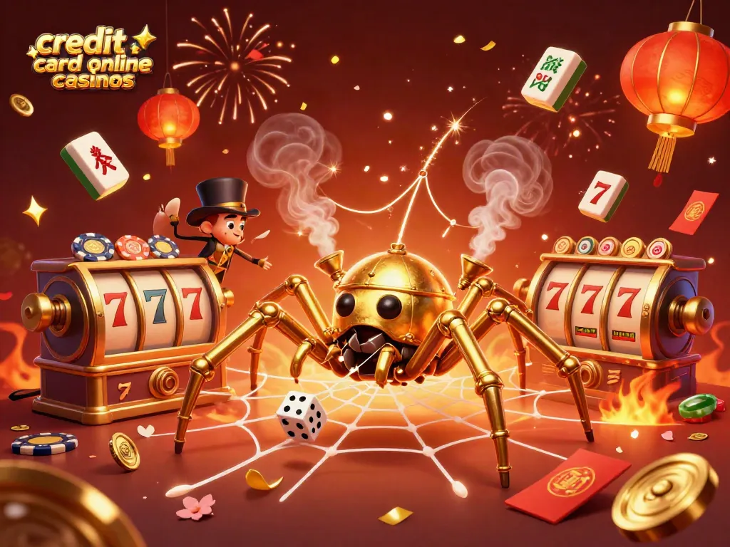Experience thrilling gameplay at credit card online casinos with a vibrant scene of a steampunk spider and gaming elements.