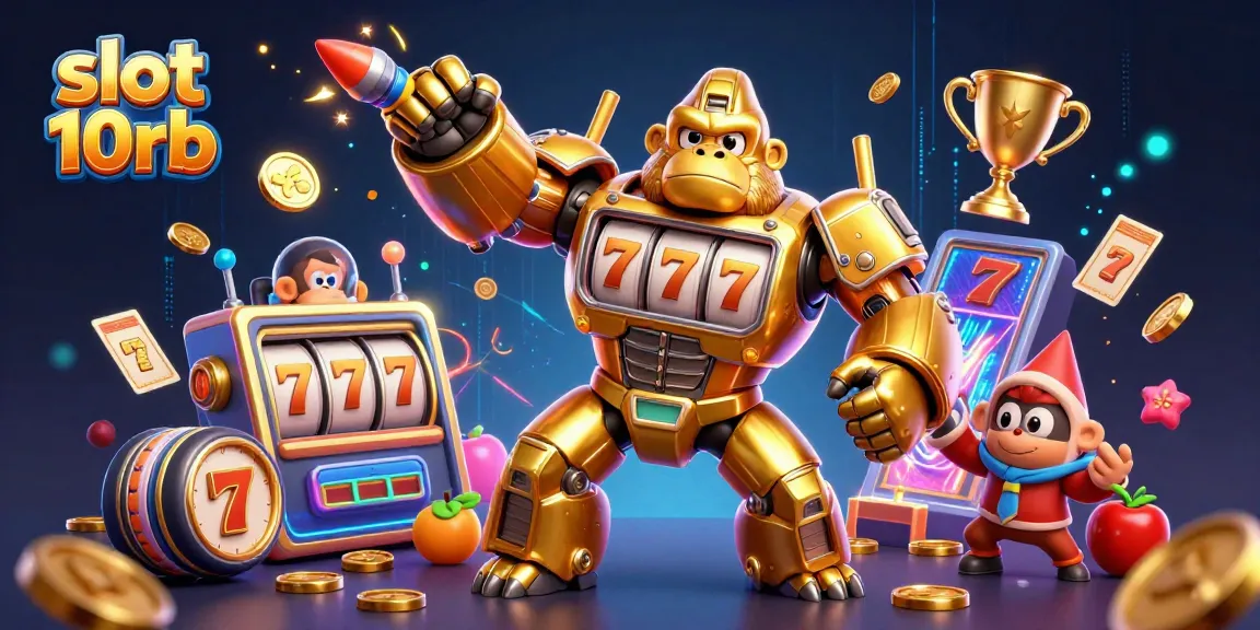 Engage with the excitement of slot 10rb featuring a vibrant 3D golden gorilla mech bursting with coins and dynamic game elements.