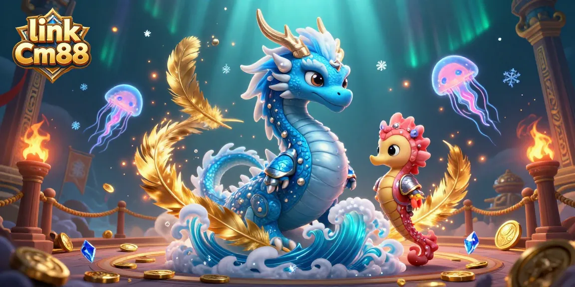 Engage in thrilling gameplay with link Cm88, featuring a vibrant dragon, seahorse knight, and glowing jellyfish.