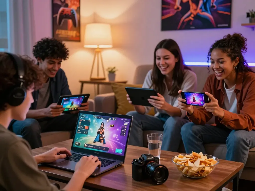 Friends enjoying a vibrant adult game session on multiple devices in a cozy living room.