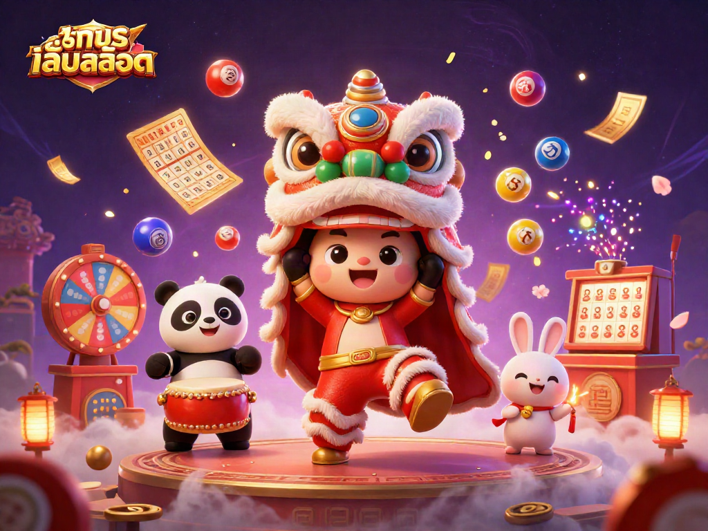 Try ทดลองเล่นสล็อต in this vibrant illustration of a casino-themed lion dance scene.