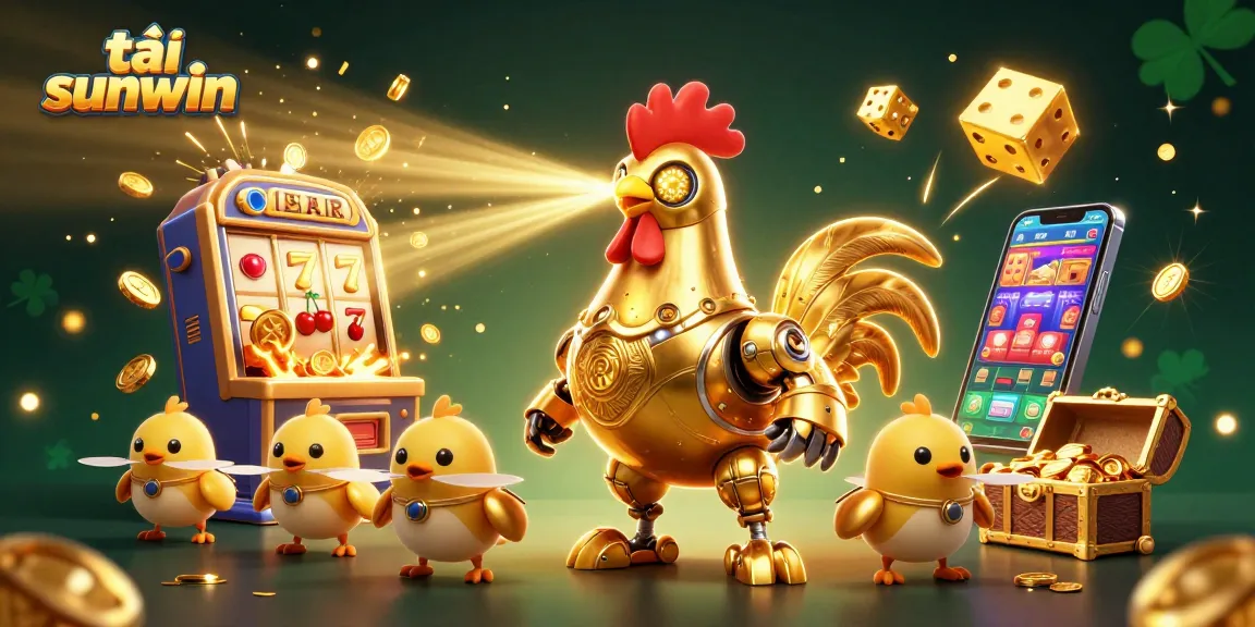 Engage in excitement with tải sunwin as golden robot and chick drones celebrate jackpots in a vibrant casino scene.