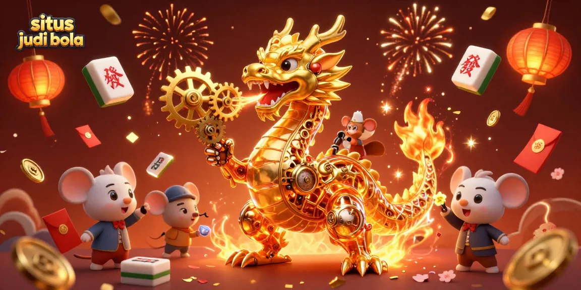 Engage in exciting challenges at situs judi bola featuring a golden dragon and festive elements.