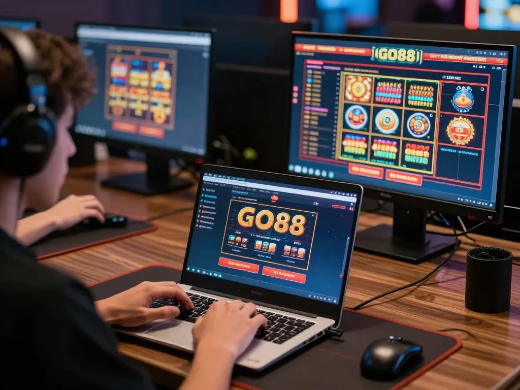 Engaging in online casino gameplay on the GO88 platform with multiple screens displaying action and strategy