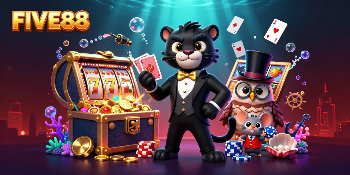 Engage in thrilling gameplay at FIVE88 with a stylish panther, owl, and lucky mouse as they deal cards surrounded by vibrant casino elements.