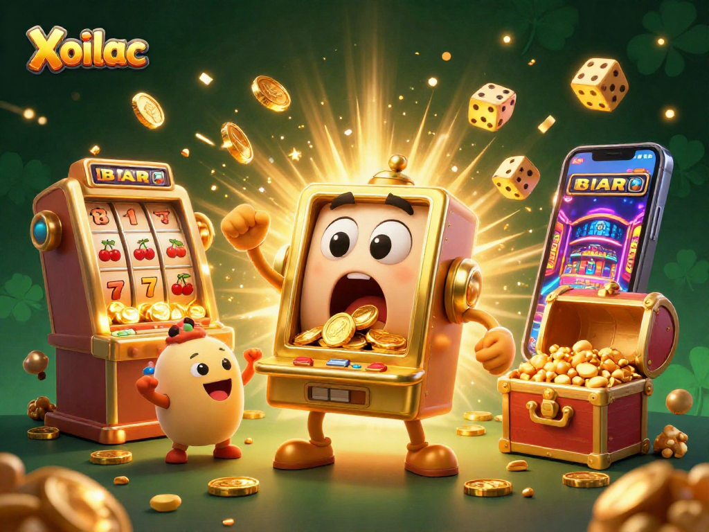 Xoilac slot machine celebrating a jackpot with coins pouring out amidst colorful casino elements.