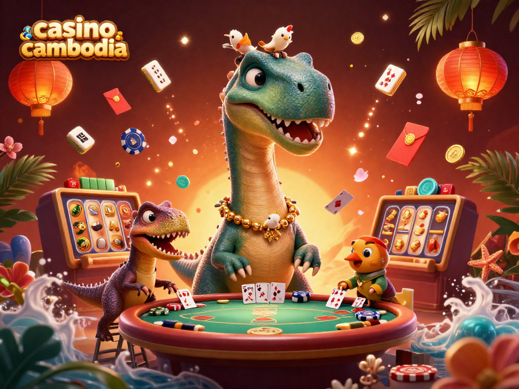 Experience thrilling moments at casino cambodia with a playful dinosaur-themed 3D illustration.