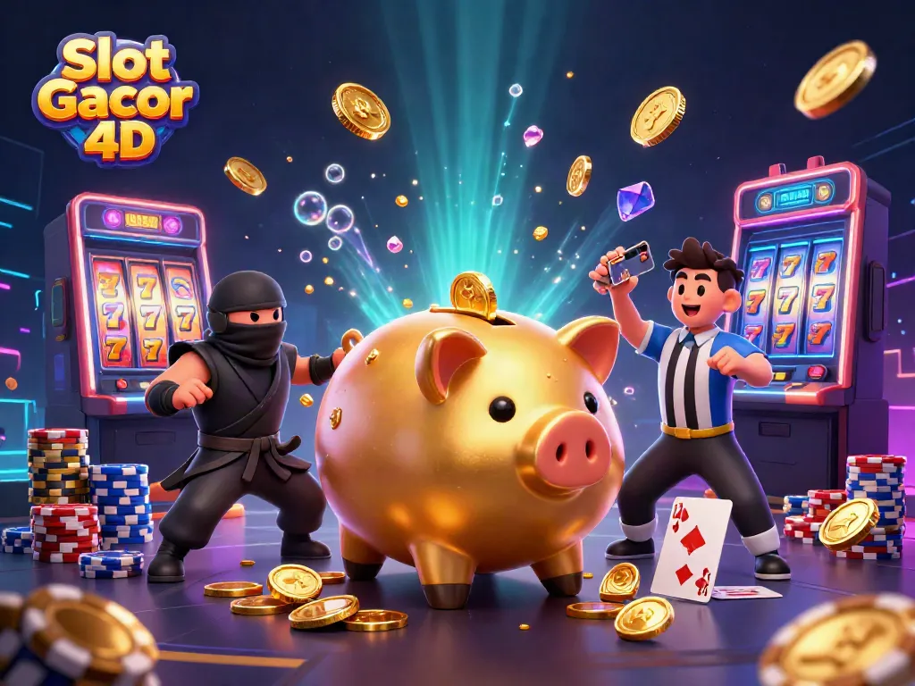 Menangkan jackpot dengan Slot Gacor 4D menggunakan ilustrasi penuh energi dan karakter unik kasino.