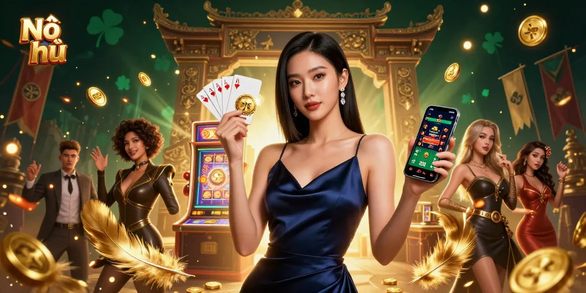 Nổ hũ game illustration featuring a winning Asian woman with slot machine elements, surrounded by gold coins.