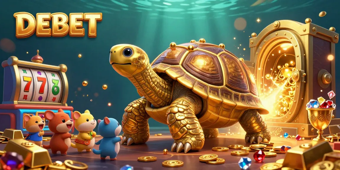 Engage with DEBET's vibrant casino scene featuring a colossal tortoise pinball machine and dynamic slot elements.
