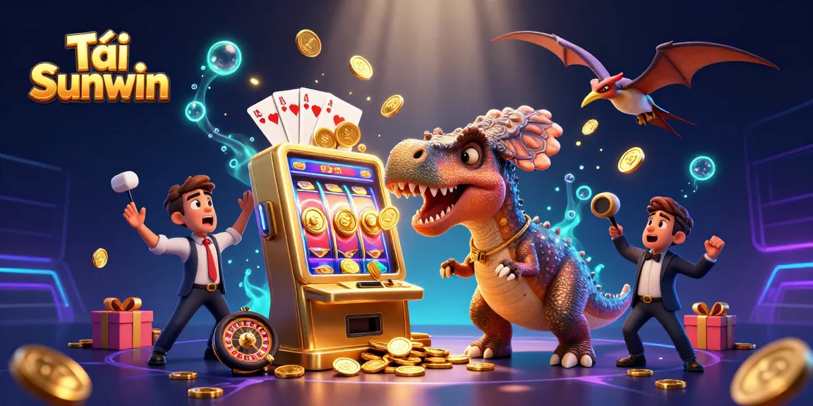 Tải Sunwin as a pachycephalosaurus wins jackpot coins from a golden slot machine in a vibrant casino scene.