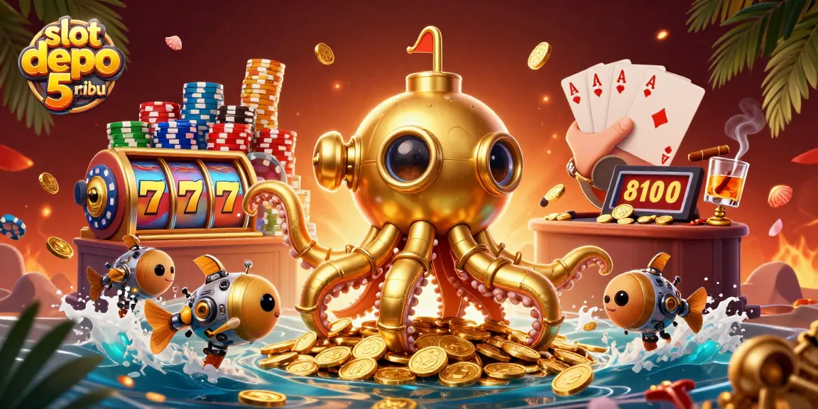 Engage in thrilling gameplay with slot depo 5 ribu featuring striking golden kraken and vibrant slot symbols.