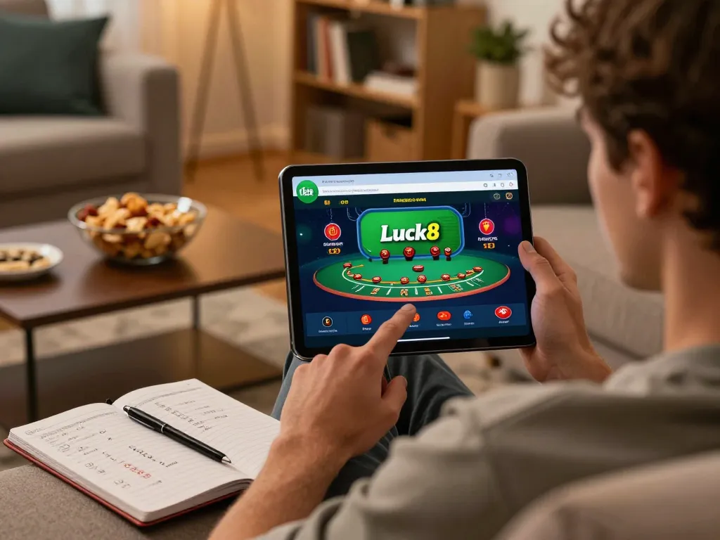Người chơi Luck8 tham gia chiến lược blackjack trên ứng dụng di động trong không gian ấm cúng tại nhà
