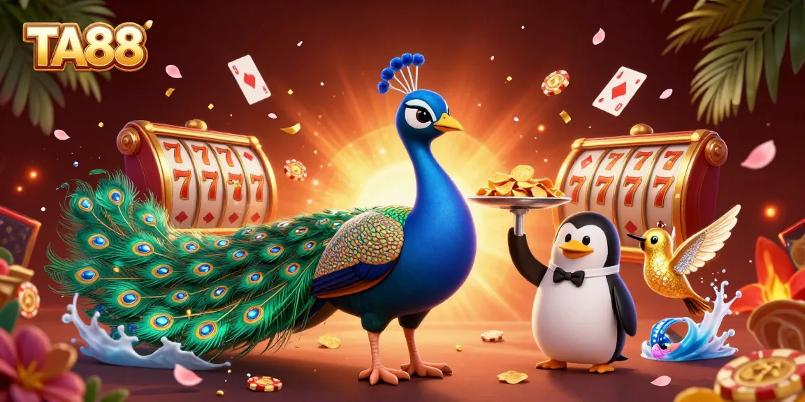 Engage with TA88's vibrant casino scene featuring a peacock, penguin, and hummingbird amidst spinning slot reels.