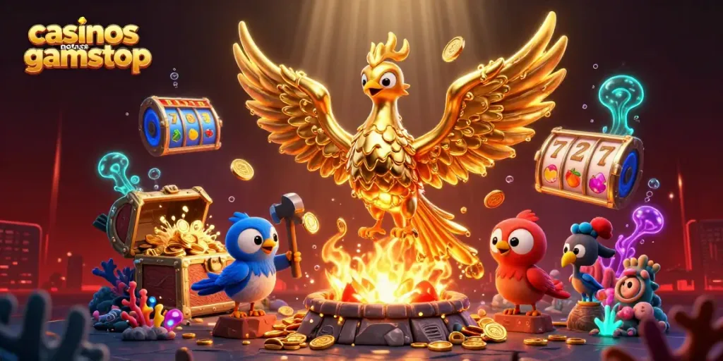 The phoenix symbolizes rebirth at casinos not on gamstop, with gold coins cascading from its wings in an exciting gaming scene.