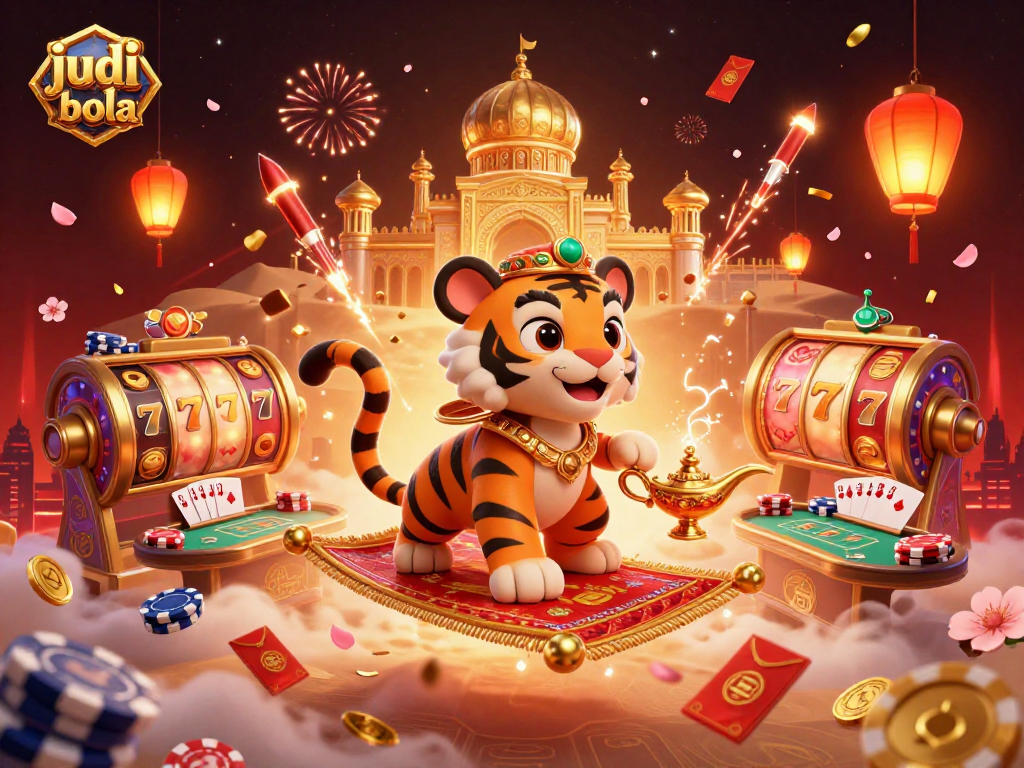 Engage in judi bola with a dynamic casino scene featuring a tiger sultan, spinning slot reels, and vibrant lanterns.