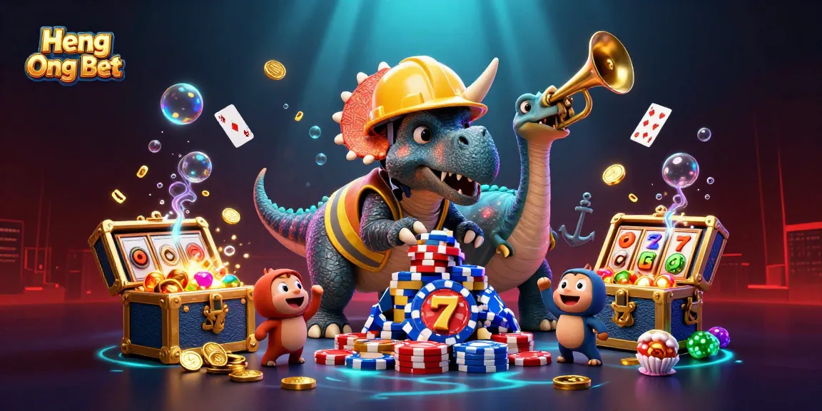 Engage with Heng Ong Bet's exciting slots, featuring a dynamic casino illustration with vibrant characters.