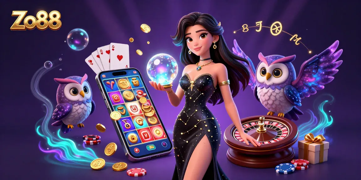 Engage with Zo88's vibrant casino adventure featuring a mystical woman and owl amidst exciting game elements.