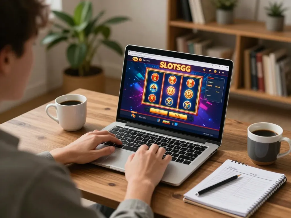 Engaging gameplay on SlotsGG casino interface in a cozy home setting, showcasing strategic betting environment.