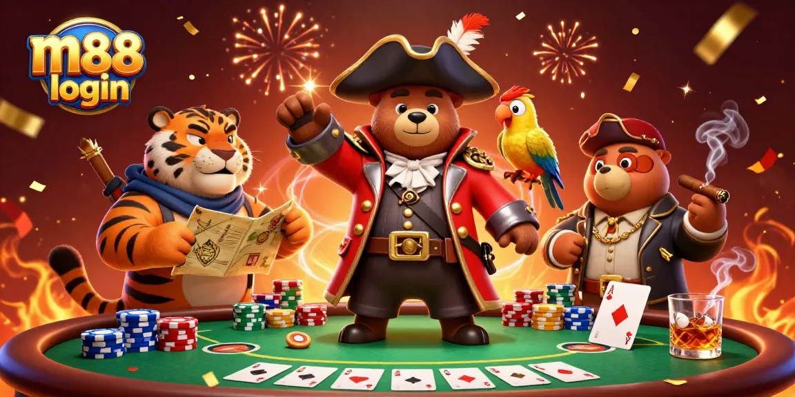 Engage in thrilling gaming action with the m88 login, featuring a bear pirate and his tiger mate amidst vibrant gaming elements.
