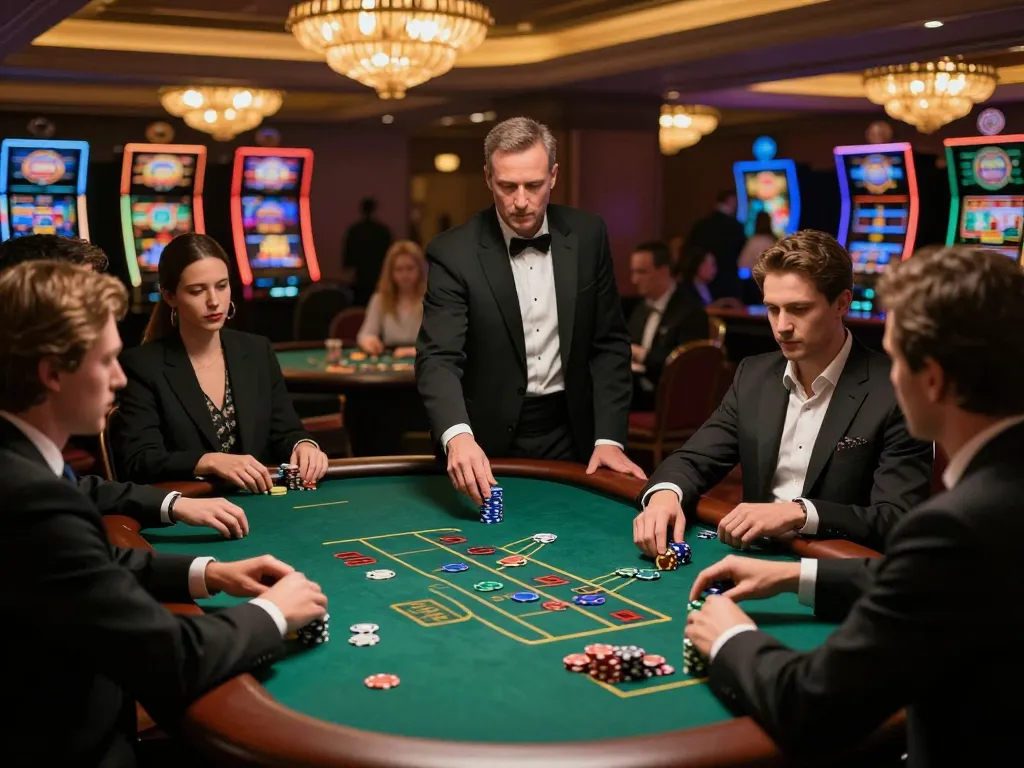 Engaged players at 388bet blackjack table in luxurious casino enjoying a thrilling game.