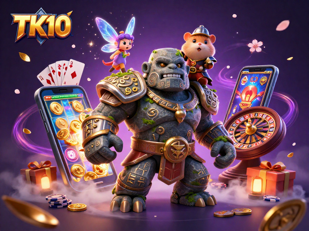 Experience the excitement of TK10 with a vibrant 3D golem guardian and magical elements.