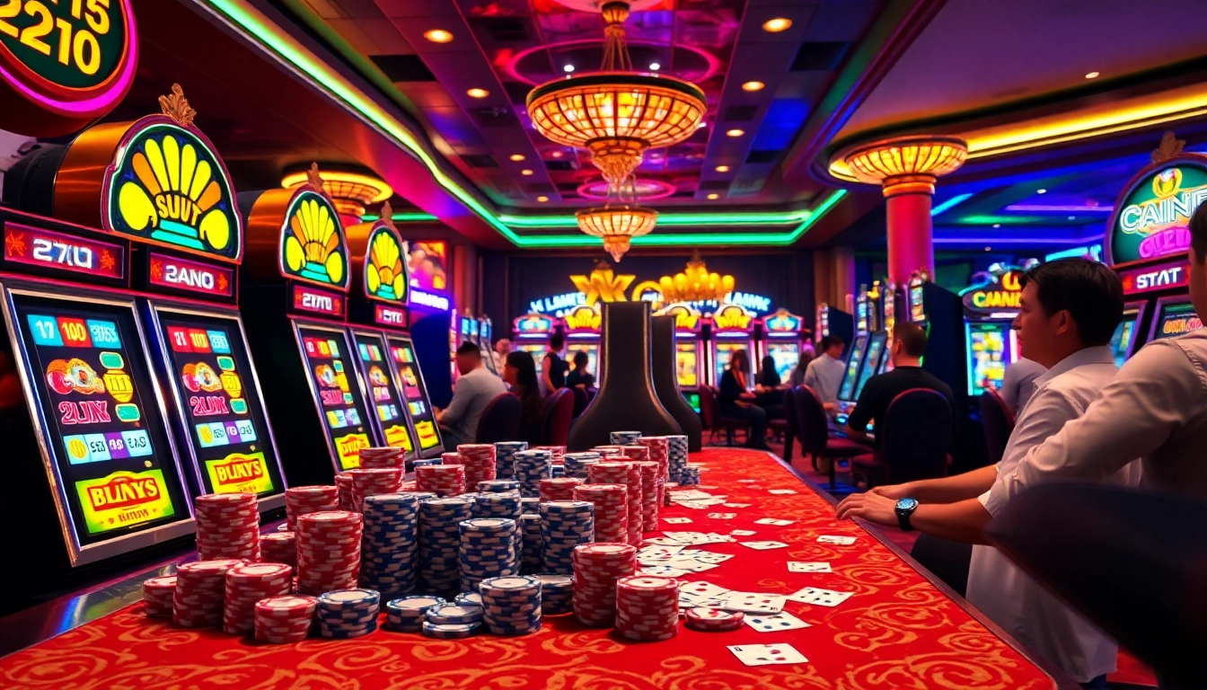 Experience an exhilarating slot gacor demo with players enjoying vibrant casino machines and colorful chips.