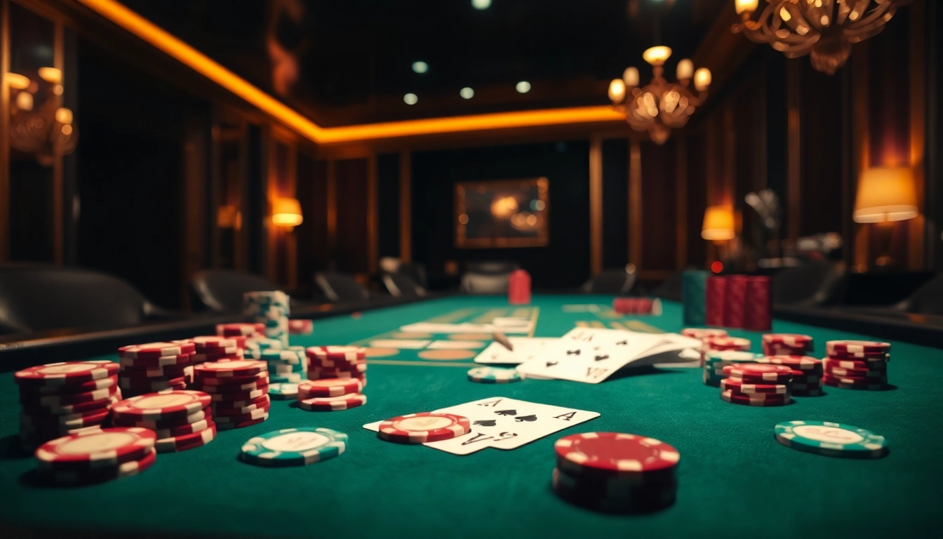 Permainan Akun Depo 5k dengan chip poker berwarna-warni di meja kasino yang mewah.