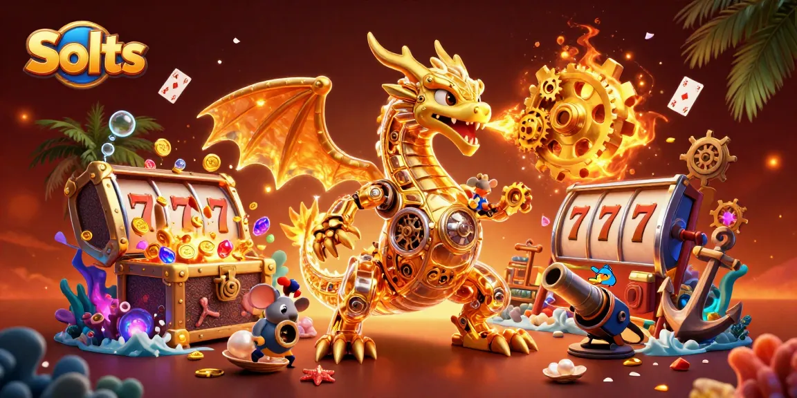Spin the Slots with a golden dragon unleashing gears amidst vibrant casino elements.