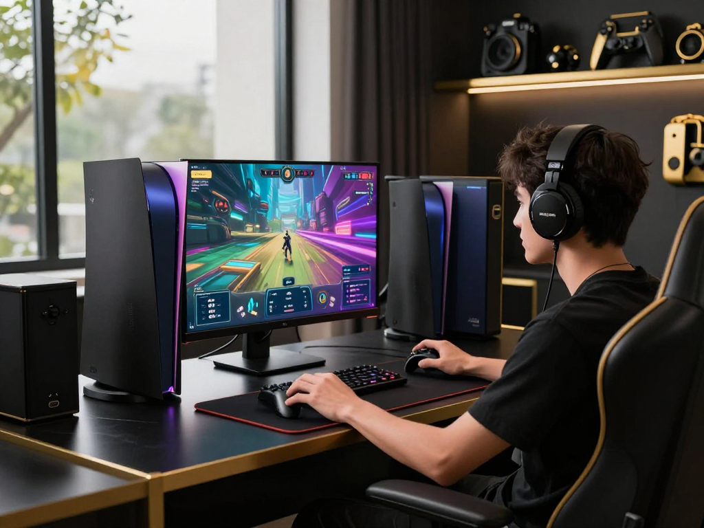 Engaging gaming scene showcasing rokok88's luxurious black and gold decor with a focused player immersed in a vibrant game interface.