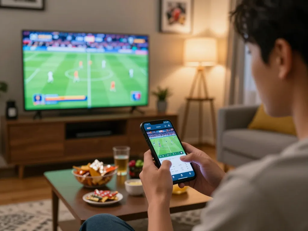 Engaged bettor using smartphone to place wagers at nhà cái xx88 while watching live sports, cozy home atmosphere